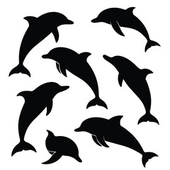 Sticker - Set of Bottlenose Dolphin animal black silhouettes vector on white background