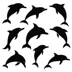 Sticker - Set of Bottlenose Dolphin animal black silhouettes vector on white background