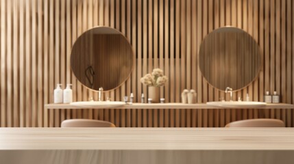 Wall Mural - Countertop made of wood against the background of a beauty salon for the product. Empty tabletop with mirrors and chairs in modern interior. Mockup for presentation of cosmetics.