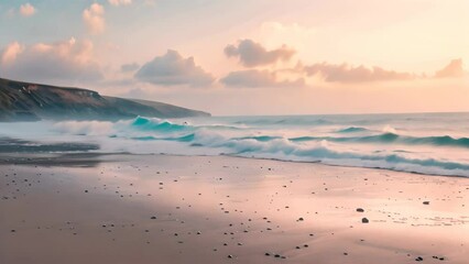 Wall Mural - Waves gently rolling onto a sandy beach with a pastel sky in the background at sunset, A peaceful beach at sunset, with pastel skies and gentle waves crashing