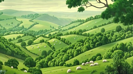 Sticker - A painting depicting a green hilly landscape with a flock of sheep grazing peacefully, A peaceful countryside scene with grazing sheep and rolling hills in shades of green