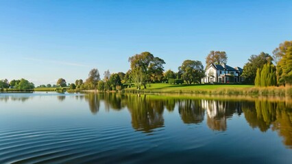 Poster - A large body of water surrounded by lush green trees under a clear blue sky, A peaceful lakeside retreat, with a clear blue sky reflected in the water