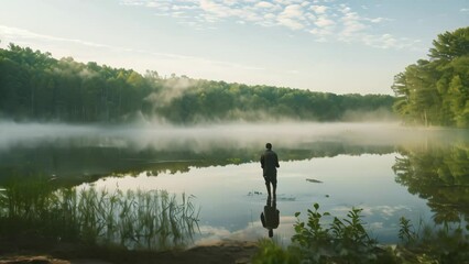 Wall Mural - A man stands on a lake surrounded by trees, A peaceful lake with a lone soldier standing at attention