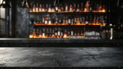 Canvas Print - Black concrete countertop against the backdrop of a blur bar. Cement table top in a dark pub. Mockup with marble platform for product presentation.