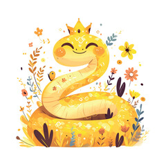 Sticker - 2025 A cartoon snake with a crown on its head and a flowery background. The snake is smiling and he is happy