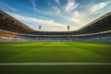 A soccer field with a large crowd of people watching the game