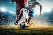 © Dmitry Rukhlenko - Soccer players dribbling struggling and kicking a ball on a field