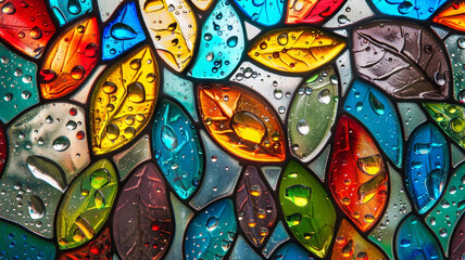 Wall Mural - Colorful Stained Glass Window Abstraction Featuring Autumn Leaves and Water Drops