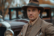 © Наталья Евтехова - A dapper man in a pinstripe zoot suit with a wide-brimmed hat, confidently leaning against a vintage car, exuding classic 1920s style.