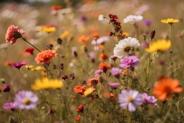 A field of colorful wildflowers swaying in the gentle breeze --ar 3:2