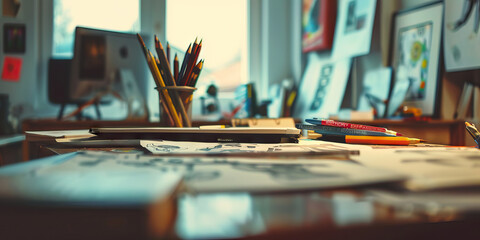 Close-up of a graphic designer's desk with digital design software and sketches, illustrating a job in graphic design