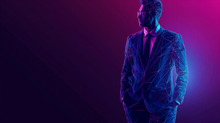 Wall Mural - Man in a suit made of polygonal mesh, businessman with connected digital particles