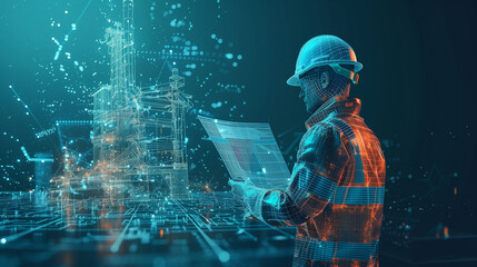 Futuristic engineering concept, a man in helmet and safety vest made of connected digital particles