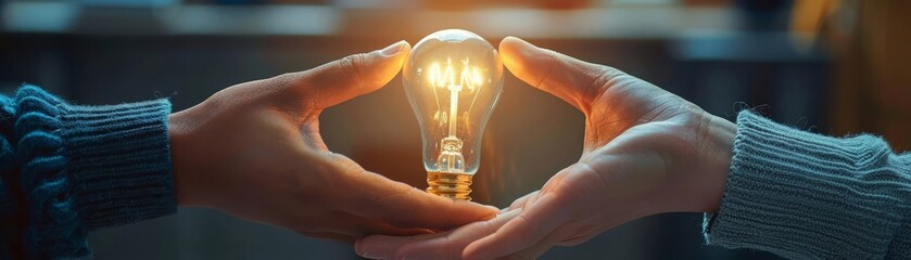 Hands of different ethnicities exchanging a light bulb that glows intensely, representing the power of collaborative thinking in a business environment