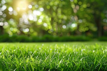 Wall Mural - close up of green grass with blurred garden background and light, Spring, and nature background concept, blurred bokeh background