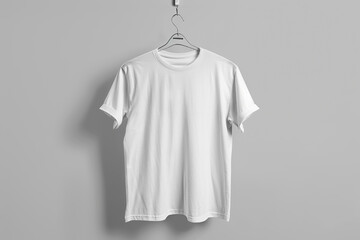 White tshirt hanging on hanger, gray background for mockup template design and print presentation concept