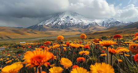 Wall Mural - breathtaking image of Deosai National Park vast plain rolling hill covered carpet of wildflower surrounded snowcapped peak GilgitBaltistan Known Land of Giants park home unique wildlife specie includi