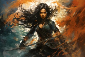 Canvas Print - A fierce and fearless warrior woman, wielding a double-bladed axe and commanding the forces of storm and wind. - Generative AI