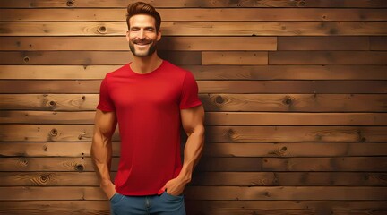 Wall Mural - plain m t-shirt with male model, front view studio photo mockup template, 4K resolution footage, generated ai