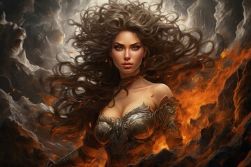 Wall Mural - A fierce and fearless warrior woman, wielding a double-bladed axe and commanding the forces of storm and wind. - Generative AI