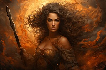 Canvas Print - A fierce and fearless warrior woman, wielding a double-bladed axe and commanding the forces of storm and wind. - Generative AI