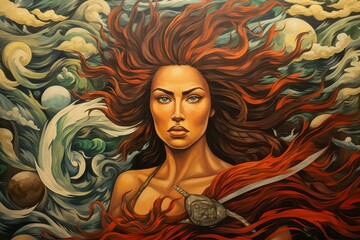 Wall Mural - A fierce and fearless warrior woman, wielding a double-bladed axe and commanding the forces of storm and wind. - Generative AI