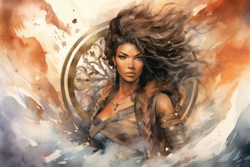 Wall Mural - A fierce and fearless warrior woman, wielding a double-bladed axe and commanding the forces of storm and wind. - Generative AI