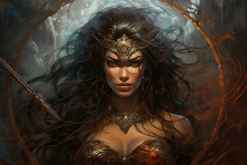 Wall Mural - A fierce and fearless warrior woman, wielding a double-bladed axe and commanding the forces of storm and wind. - Generative AI