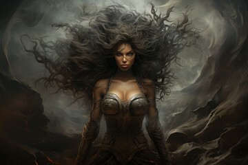 Wall Mural - a fierce and fearless warrior woman, wielding a double-bladed axe and commanding the forces of storm