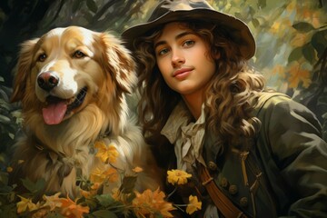 Wall Mural - A woodland ranger, attuned to nature and accompanied by a loyal animal companion. - Generative AI