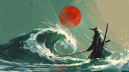 A man is a warrior with a sword in Japanese style. The scene is a mixture of fantasy and reality: the man seems to be fighting the ocean. A large ocean wave and a red circle symbolizing the rising sun