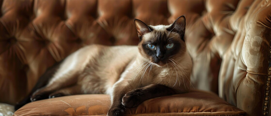 Wall Mural - A Siamese cat is laying on a brown couch