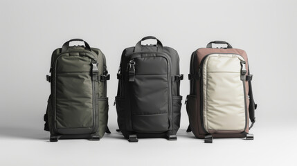 Three backpacks of different colors are lined up on a white background