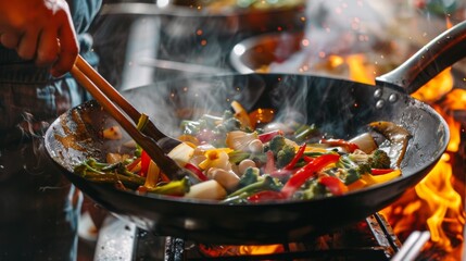 A chef tossing stir-fry vegetables in a wok over high heat, showcasing culinary expertise