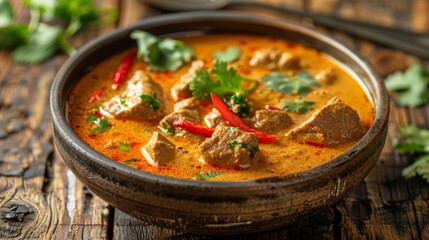 A bowl of food with a lemon and some herbs on a wooden table