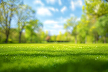 Wall Mural - Beautiful blurred background image of spring nature with a neatly trimmed lawn surrounded by trees against a blue sky with clouds on a bright sunny day.