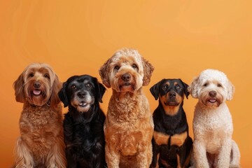 Wall Mural - Group of funny dogs, puppies on a yellow background