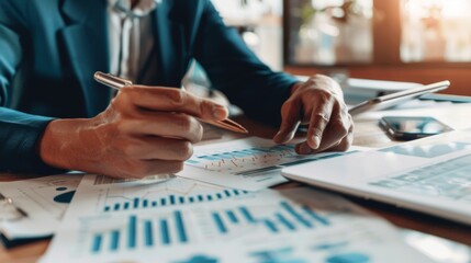 Poster - A financial planner reviewing stock market performance with a client while pointing to a stock market graph on a paper report