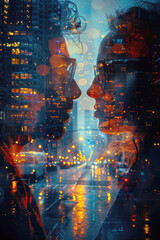 Wall Mural - A couple, a man and a woman, are hugging outside a rain-drenched window against the backdrop of the evening city. Selective focus. Romance, love, Valentine's Day.