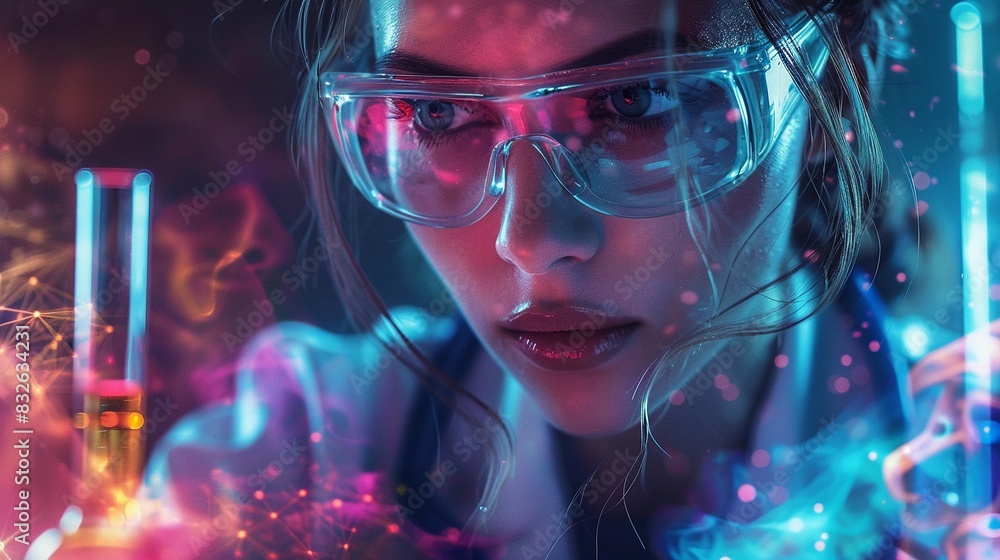 Woman scientist with lab equipment, vibrant splashes, innovative and ...