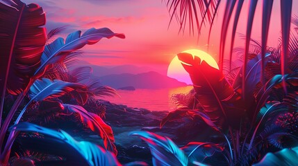 A tropical scene with a red and orange sunset in the background