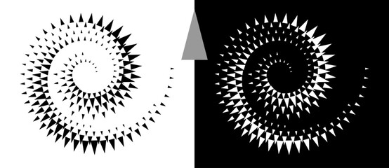 Aufkleber - Spiral dotted background with triangles. Design element or icon. Black shape on a white background and the same white shape on the black side.