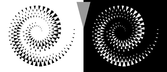 Aufkleber - Spiral dotted background with triangles. Design element or icon. Black shape on a white background and the same white shape on the black side.