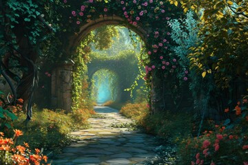 A beautiful secret fairytale garden with flower arches and colorful greenery. painting background, AI-generated