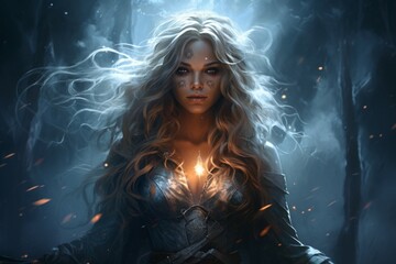 Canvas Print - A storm sorceress, with the ability to summon lightning bolts and control the weather. - Generative AI