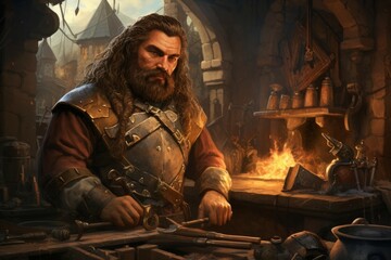 Poster - A dwarven blacksmith, renowned for skill in crafting legendary weapons and armor. - Generative AI