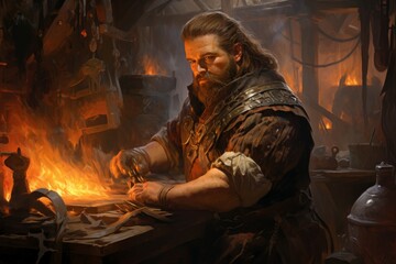 Poster - A dwarven blacksmith, renowned for skill in crafting legendary weapons and armor. - Generative AI