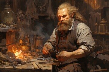 Wall Mural - A dwarven blacksmith, renowned for skill in crafting legendary weapons and armor. - Generative AI