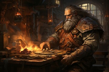 Poster - A dwarven blacksmith, renowned for skill in crafting legendary weapons and armor. - Generative AI