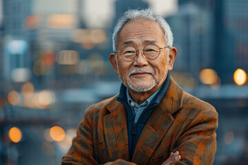 Canvas Print - Senior Asian businessman with glasses and grey hair, smiling confidently with arms crossed in front of a cityscape, representing professional success and modern urban lifestyle